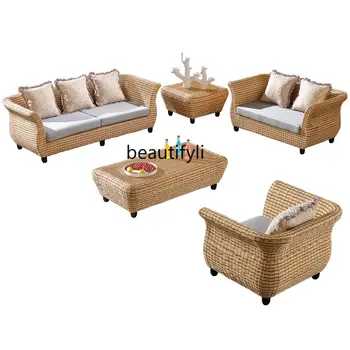  Комбинированный диван из натурального ротанга для гостиной, двухместный диван из пяти частей, маленький диван из плетеного ротанга с водной травой
