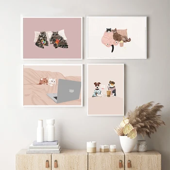  Пара милых кошек, настенный художественный плакат и принт, забавное животное, енотовидная собака, картина на холсте, картинки с изображением девочки и кошки для домашнего декора гостиной