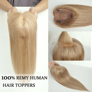  Теплый Блондинистый Топпер из 100% Человеческих Волос Remy С Челкой для Женщин, 14-Дюймовая Прямая Заколка Из Человеческих Волос на Шелковой Основе в Топпере Для Волос Сверху