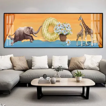 Свежий плакат с жирафом, зеброй, слоном, настенные рисунки, Для современной гостиной, домашнего декора, спальни, Картины на холсте, начальной школы
