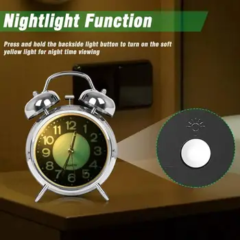  Ретро Двойные часы Бесшумная зарядка Часы Металлический будильник 4 дюйма Маленький ночник Для работы и сна