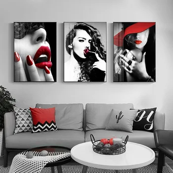  Женщина с сексуальными красными губами, плакат, настенное искусство, холст, живопись, Скандинавские настенные панно для гостиной, декор для спальни, картина, Художественная печать красоты