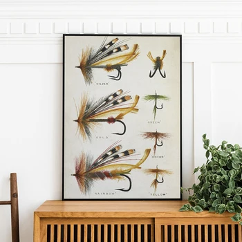  Иллюстрация рыболовной приманки Fly, картина на холсте, Рыболовный плакат, крючки для удочек, настенное искусство, Винтажный плакат, картины для рыбалки, домашний декор