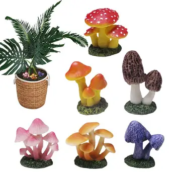  Фигурки грибов для сада 6шт. Маленький декор из грибов, красочная модель грибов из смолы, мини-фигурки грибов из сказочного сада
