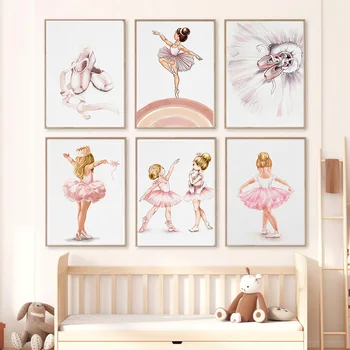  Акварельные балетки Для девочек, Корона, Радужная любовь, Детская, Настенный художественный плакат и принты, картина на холсте, декор детской комнаты для малышей