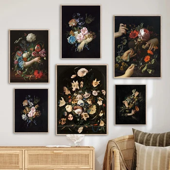  Винтажный Темно-цветочный плакат в стиле Лайф Арт с букетом Роз, картина на холсте, принт, домашний декор для спальни, подарок в викторианском стиле, без рамки