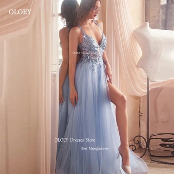  OLOEY Элегантные синие тюлевые длинные платья для выпускного вечера с разрезом на бретельках вечерние платья для официальных мероприятий вечерние платья Vestidos