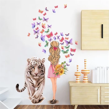  Яркая наклейка на стену с тигром и девочкой, наклейка на стену гостиной, спальни, детской комнаты, настенная роспись современного искусства