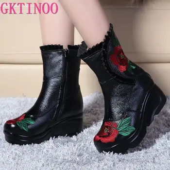  Модные женские зимние ботинки из натуральной кожи с вышивкой GKTINOO, Винтажные нескользящие ботинки ручной работы, Женская обувь на танкетке