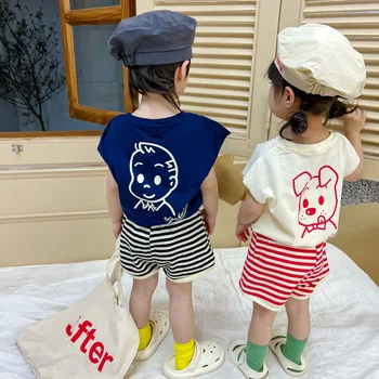  Модный хлопковый комплект для брата и сестры, Корейский Детский мультяшный костюм с короткими рукавами для девочек и мальчиков + шорты, комплекты полосатых штанов от 1 до 10 лет