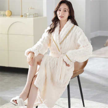  2024 Зимняя теплая женская одежда для сна, свободная ночная рубашка, Кимоно, халат для душа, женская пижама, Толстый плюшевый халат, домашняя одежда