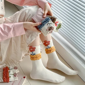  Носки с рюшами и цветочным принтом, женские носки Harajuku, винтажные Корейские модные носки JK, японские модные кружевные носки Sweet Girls, Кавайные милые носки
