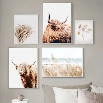  Высокогорная корова, плакаты и принты с животными в скандинавском стиле, натуральная пшеница, настенное искусство, живопись на холсте, декоративные картины для декора гостиной